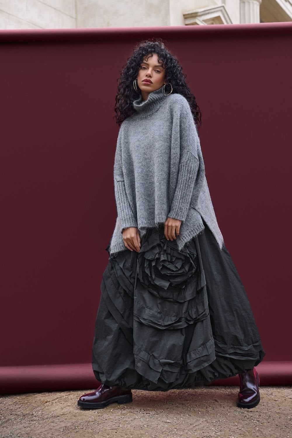 ROLL NECK KNIT TOP | COL=CHARCOAL,FUSCHIA