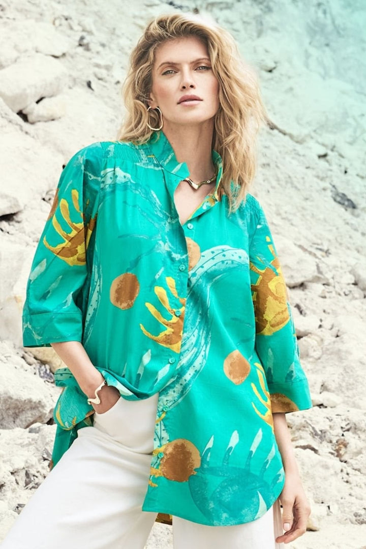 SUNSHINE PRINT COTTON TUNIC SHIRT | COL=GREEN