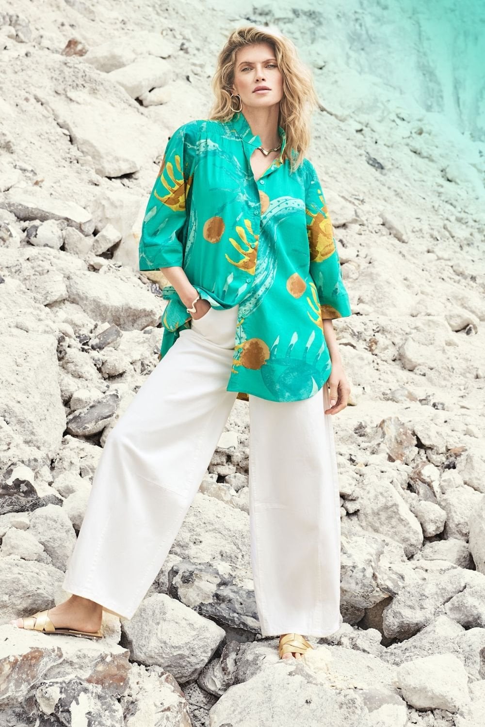 SUNSHINE PRINT COTTON TUNIC SHIRT | COL=GREEN