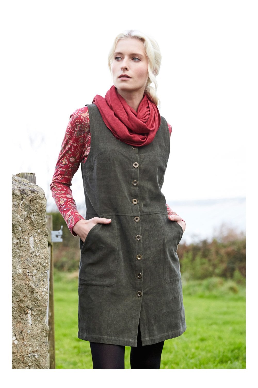 BUTTON FRONT PINAFORE | COL=KHAKI