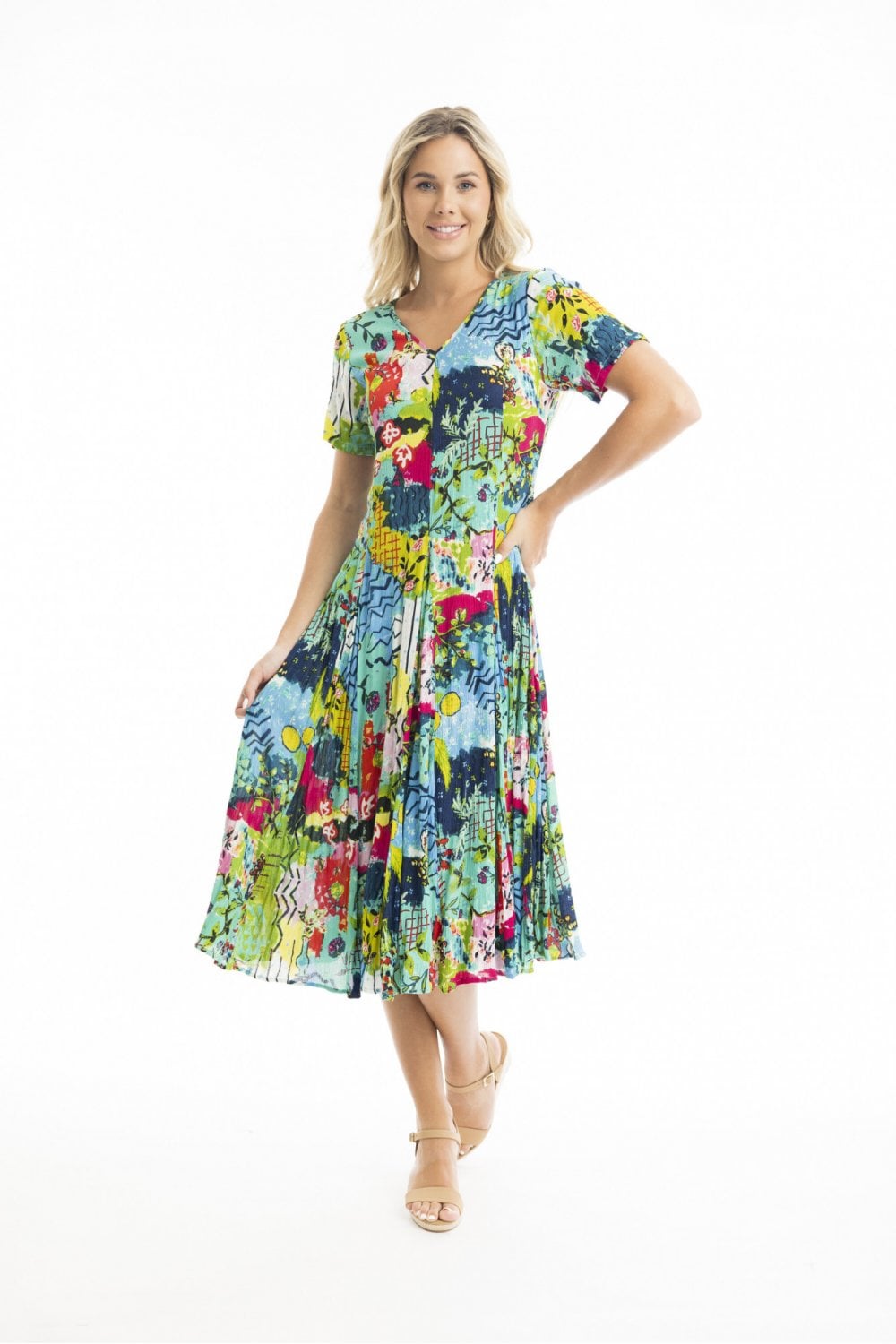 ELAFANSSI GODET SHORT SLEEVE DRESS | COL=MULTI