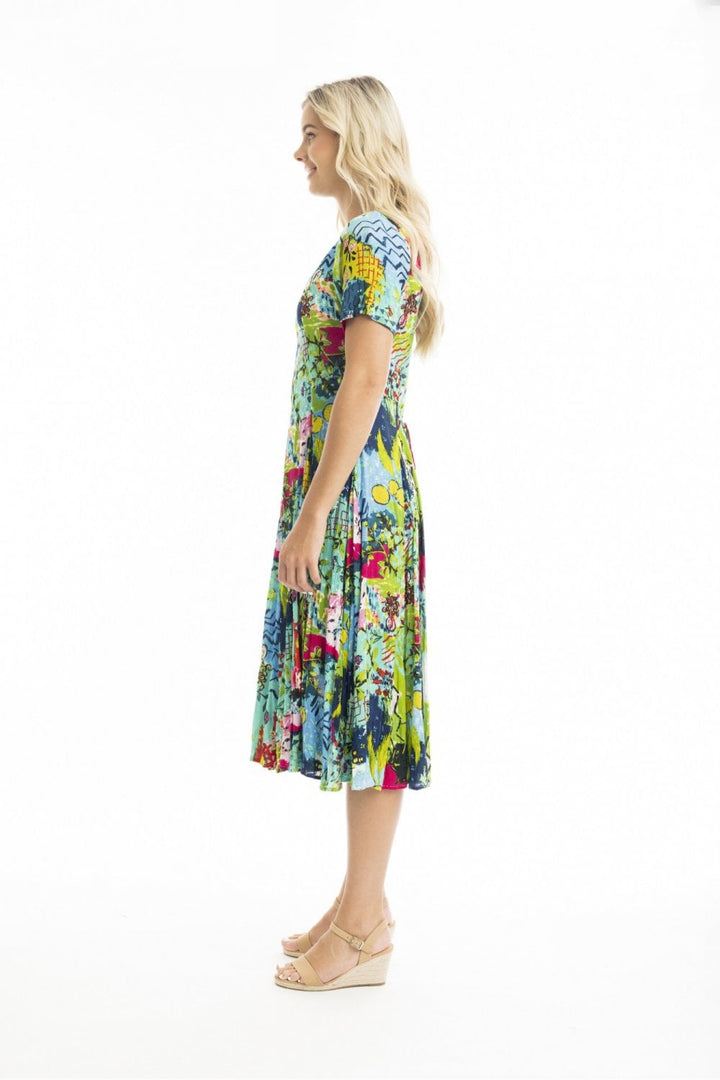 ELAFANSSI GODET SHORT SLEEVE DRESS | COL=MULTI