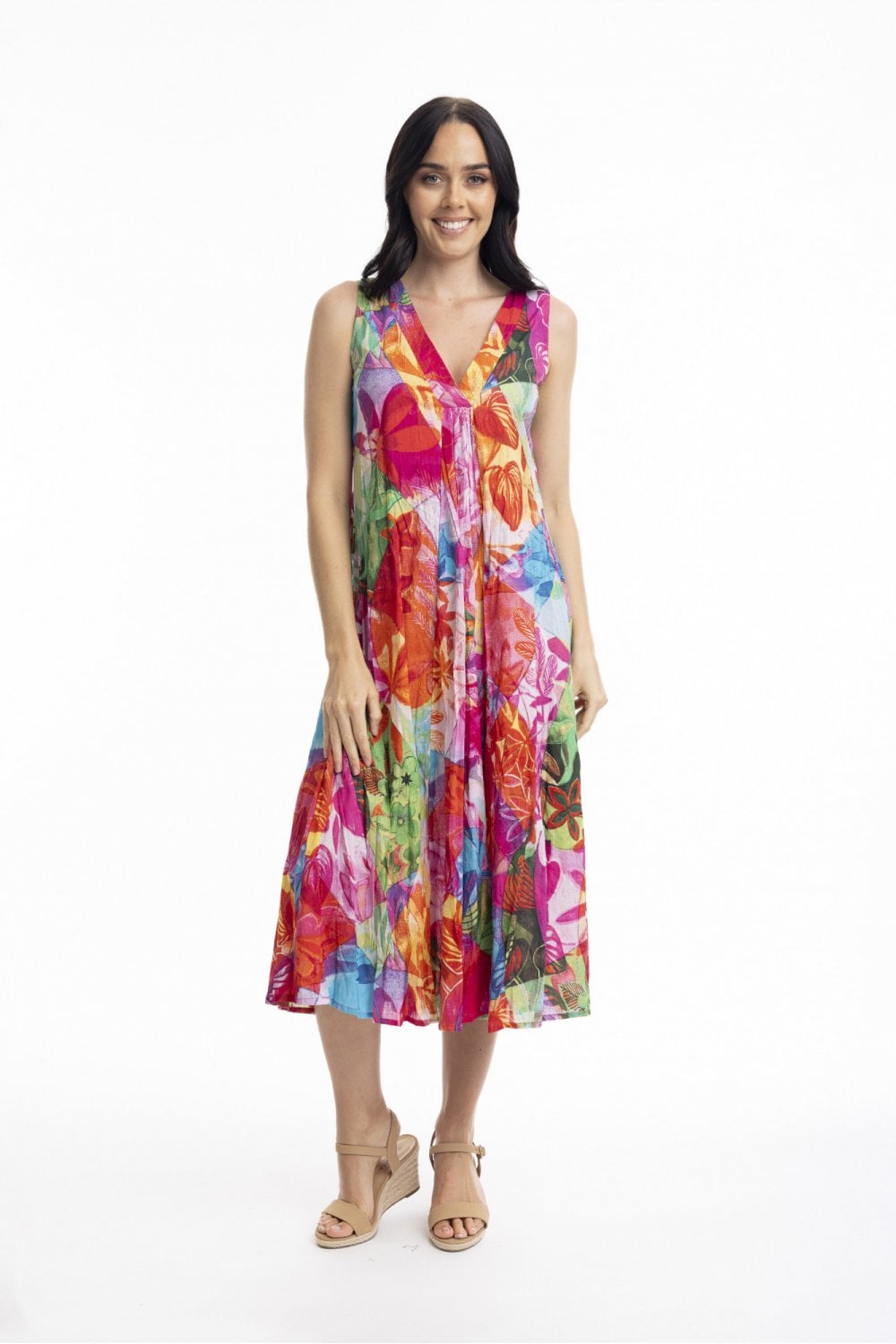 JOZANI V NECK GATHERED PRINT DRESS | COL=MULTI