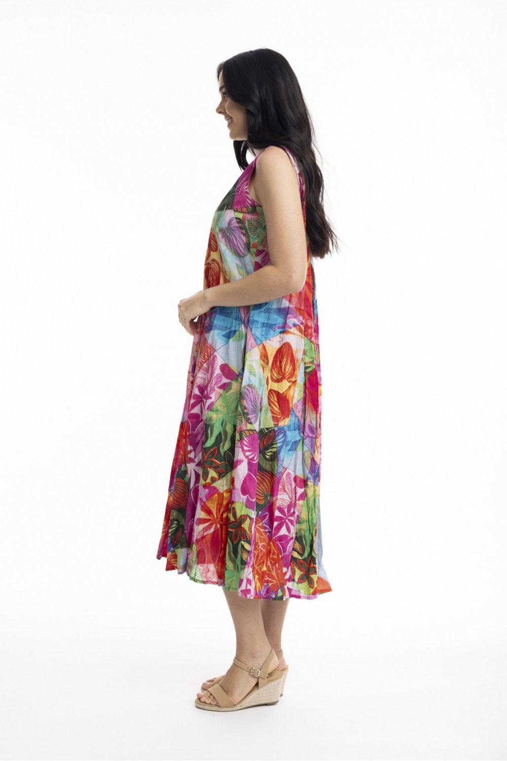 JOZANI V NECK GATHERED PRINT DRESS | COL=MULTI