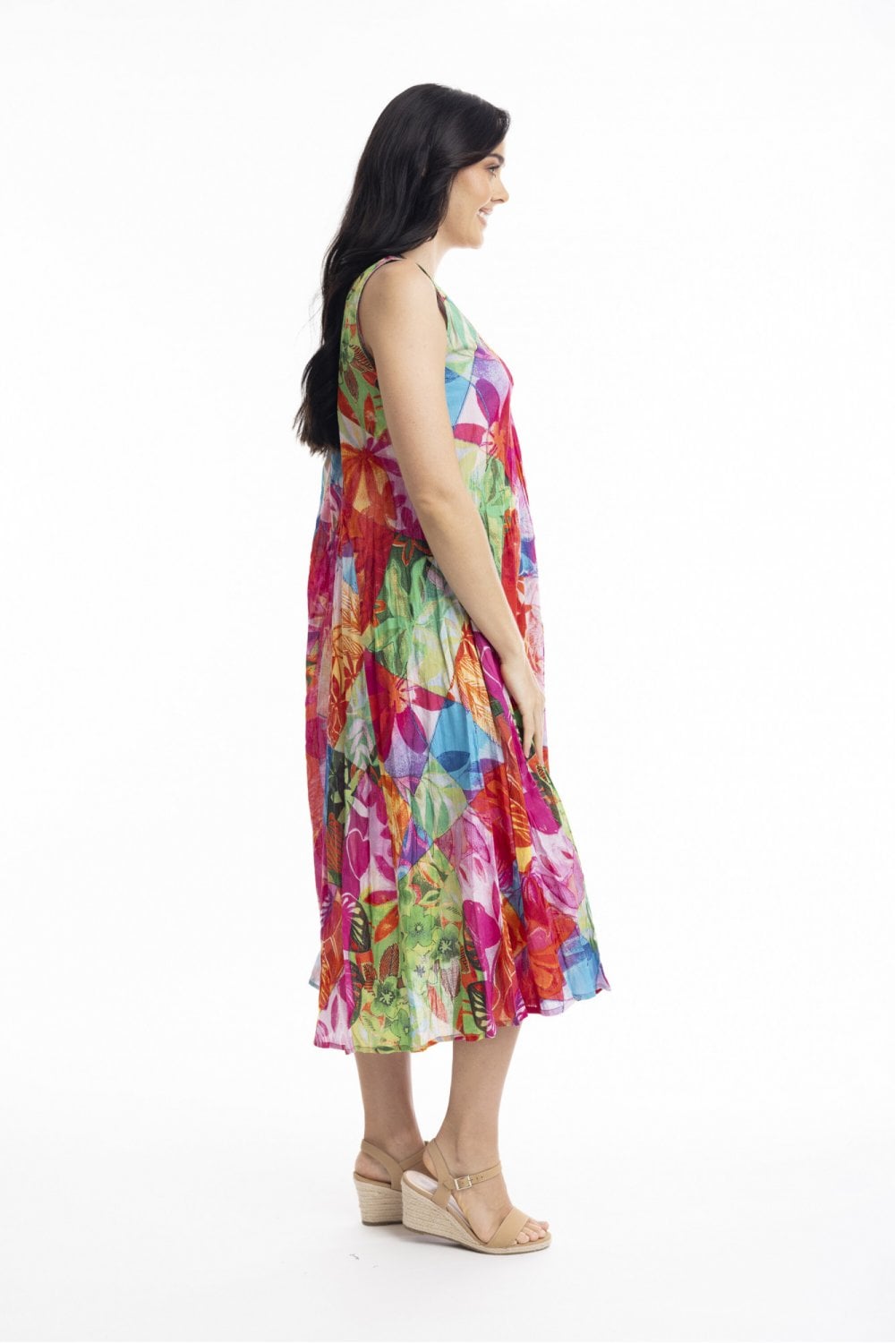 JOZANI V NECK GATHERED PRINT DRESS | COL=MULTI
