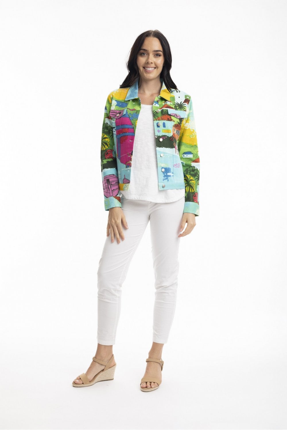PRINTED COTTON PONTE  JACKET | COL=CARABEAN