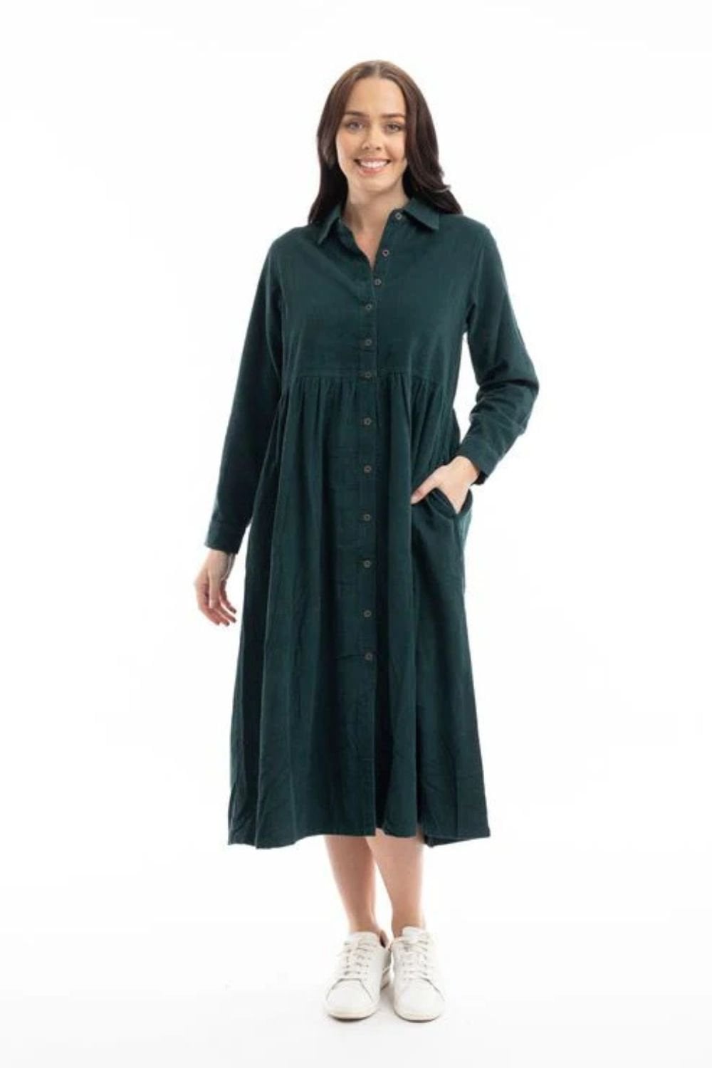 SOLID PLAIN  CORD COLLAR  DRESS | COL=PINE