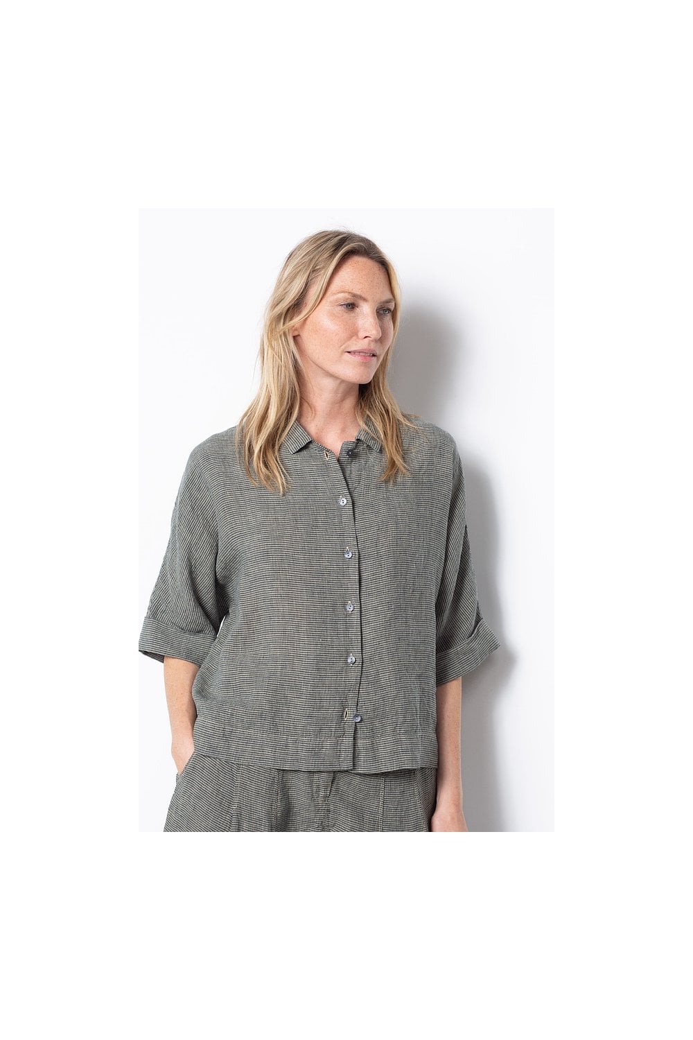 SMALL GINGHAM CHECK LINEN BLOUSE | COL=GRIT