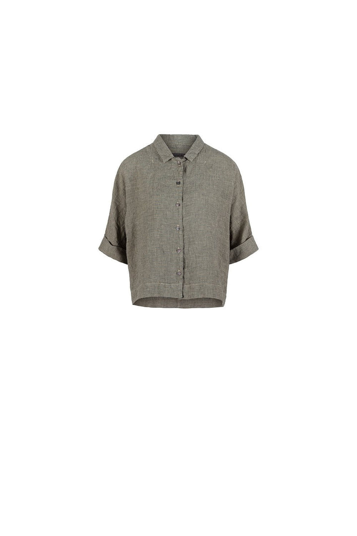 SMALL GINGHAM CHECK LINEN BLOUSE | COL=GRIT