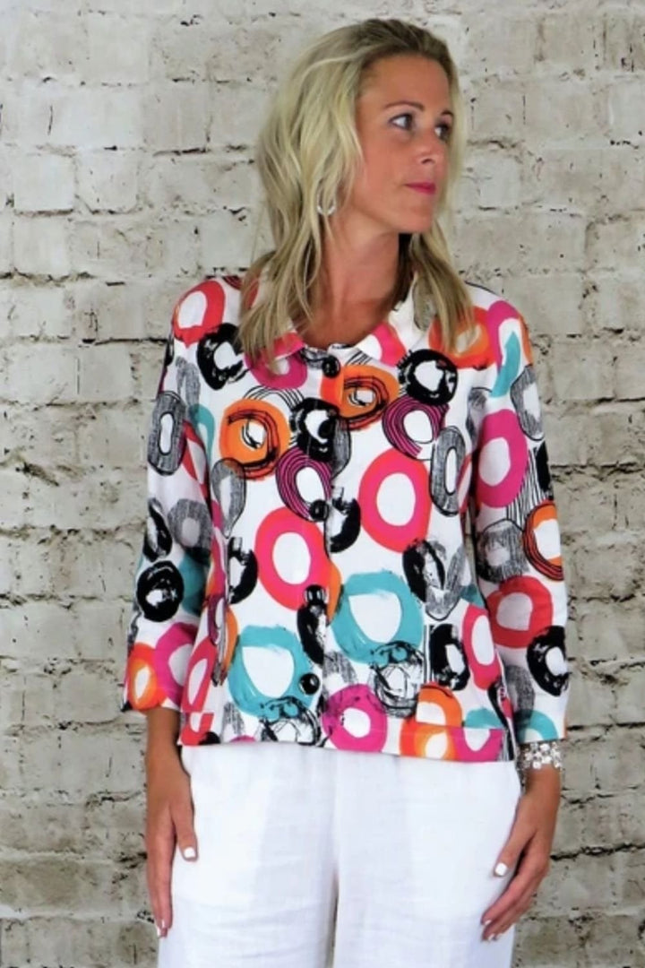 BUTTON BACK PRINTED LINEN JACKET | COL=CERISE
