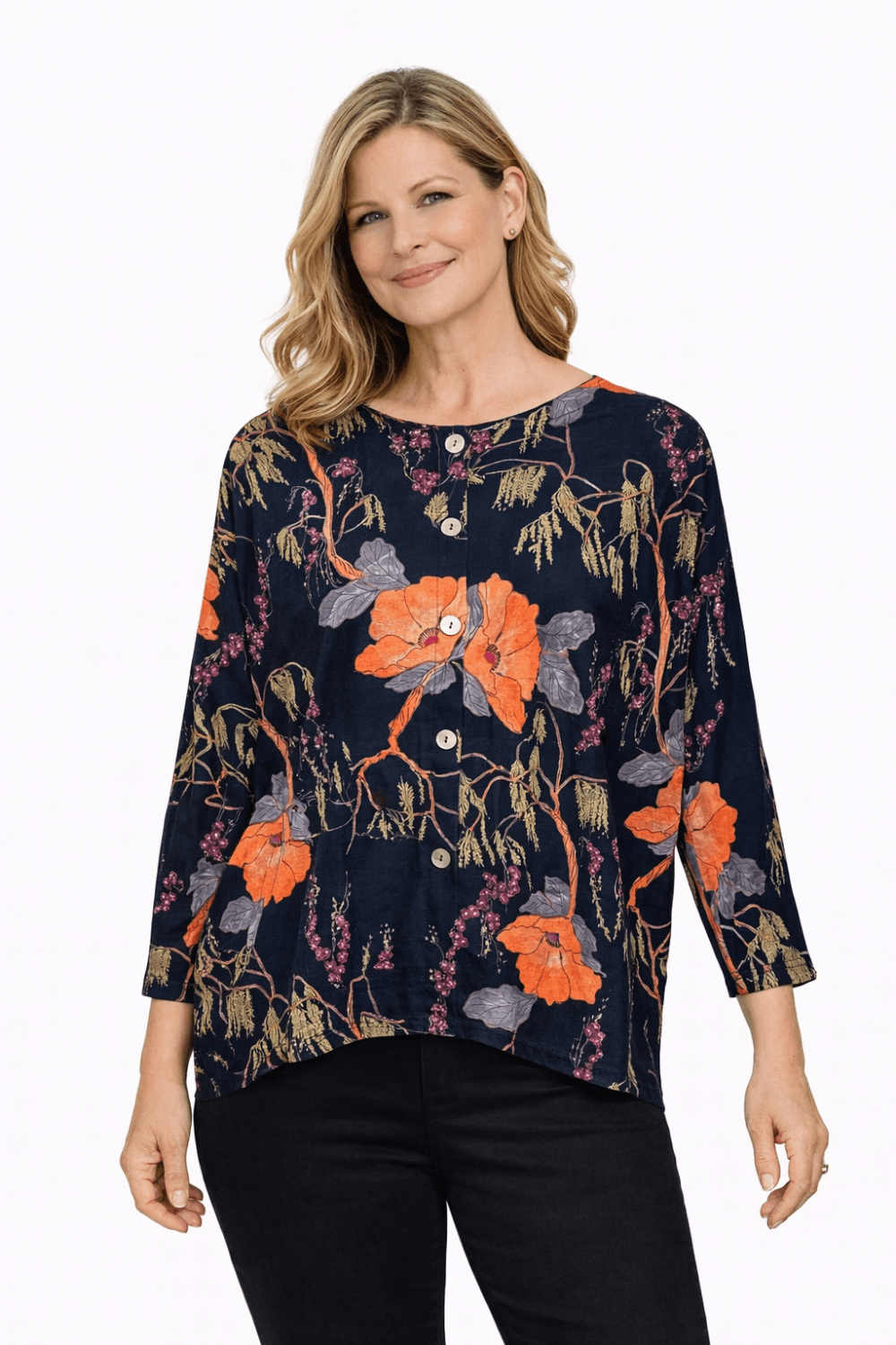 BUTTON FRONT WOODLAND PRINT TOP | COL=NAVY