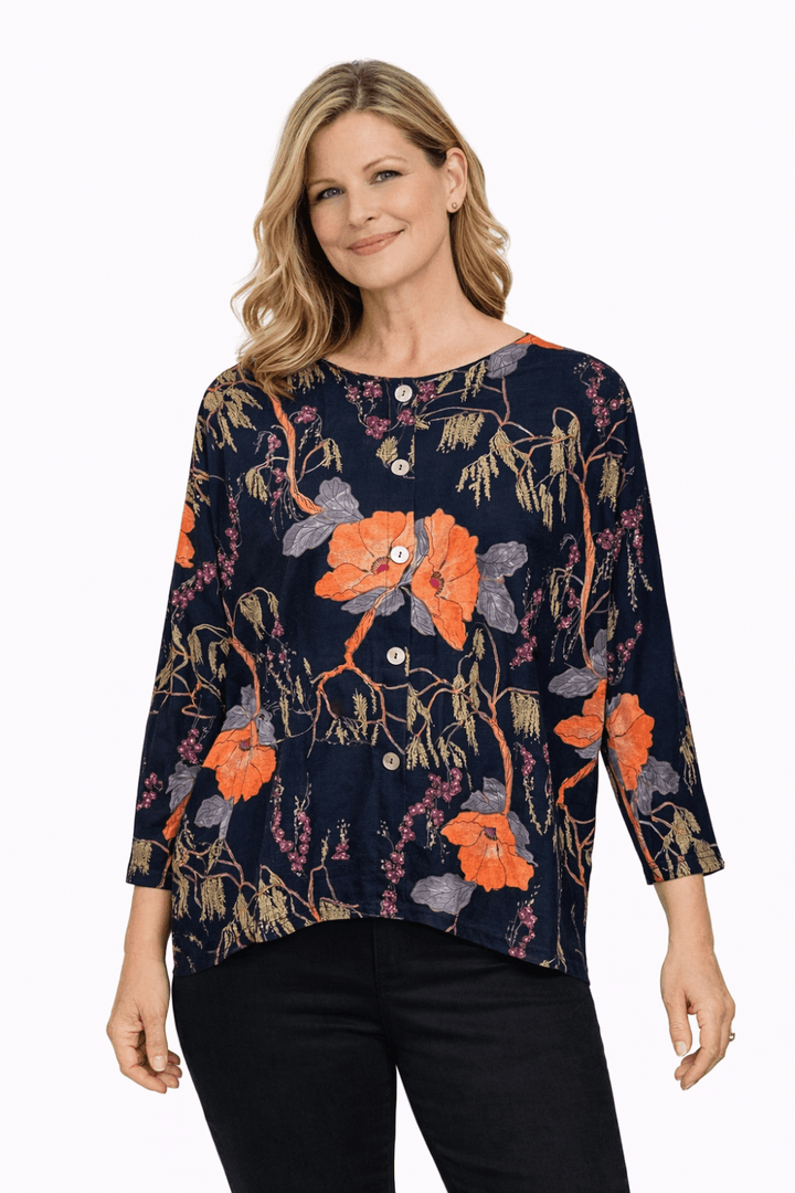 BUTTON FRONT WOODLAND PRINT TOP | COL=NAVY