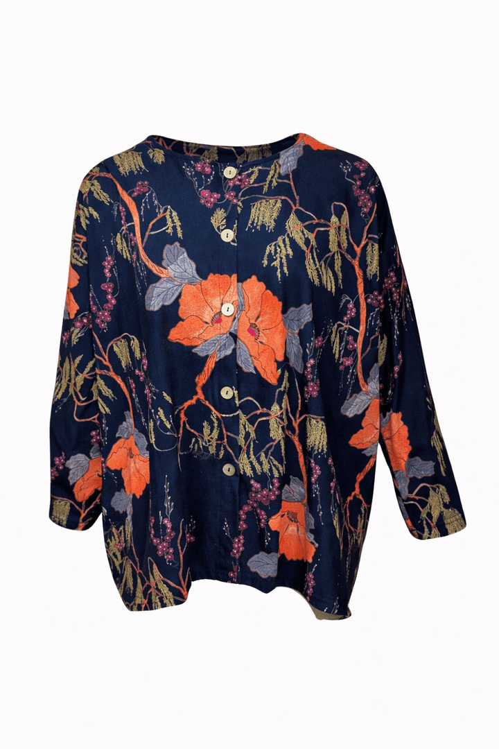 BUTTON FRONT WOODLAND PRINT TOP | COL=NAVY