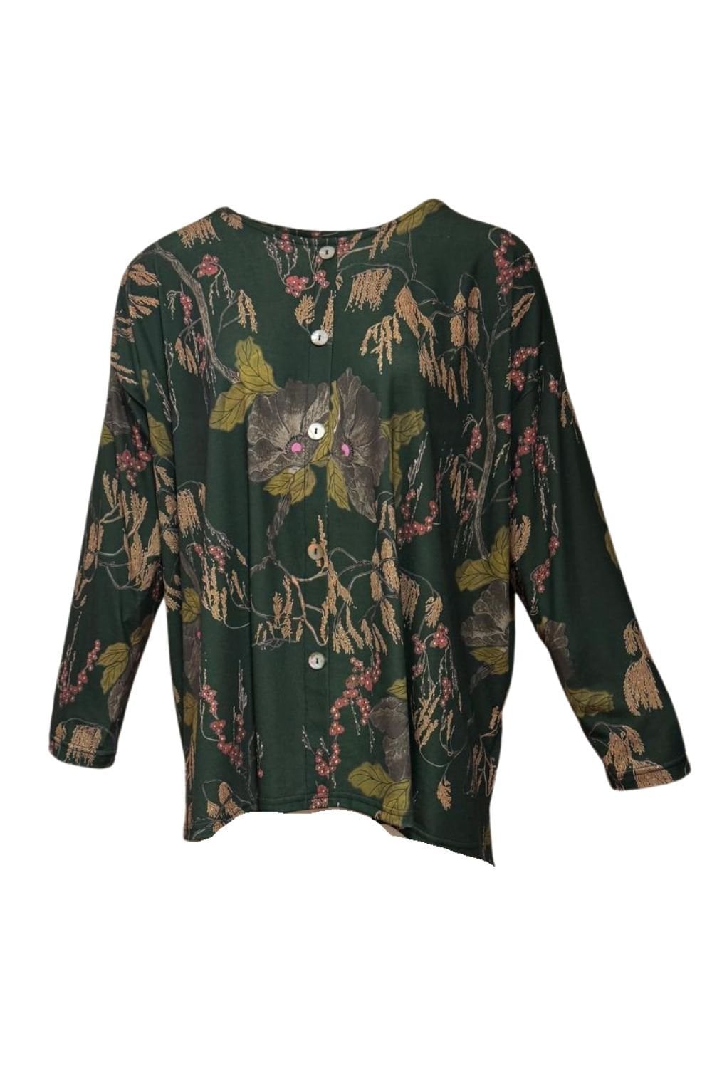 BUTTON FRONT WOODLAND PRINT TOP | COL=FOREST