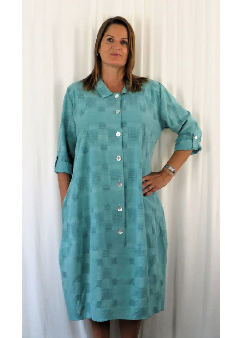 CROSS STITCH LINEN BUTTON FRONT DRESS | COL=GREEN