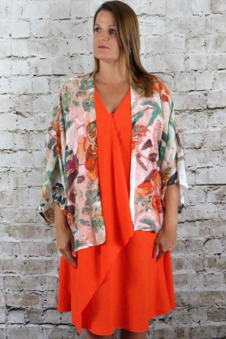PRINTED CHIFFON SHORT KIMONO | COL=BLUE,ORANGE