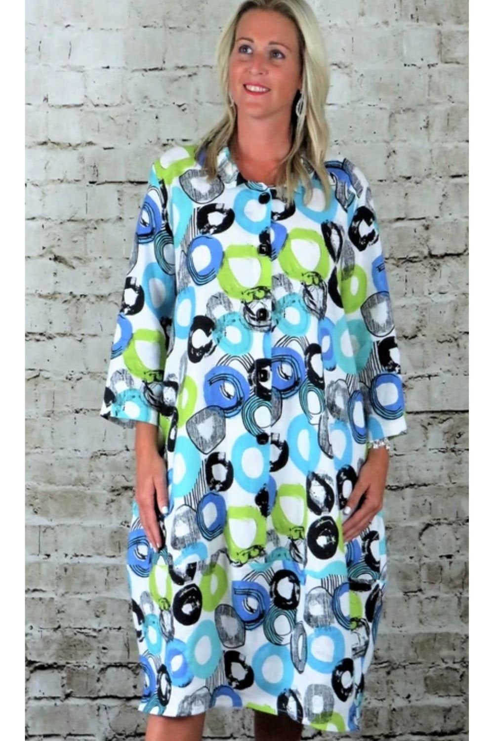 PRINTED LINEN BELL DRESS | COL=AQUA