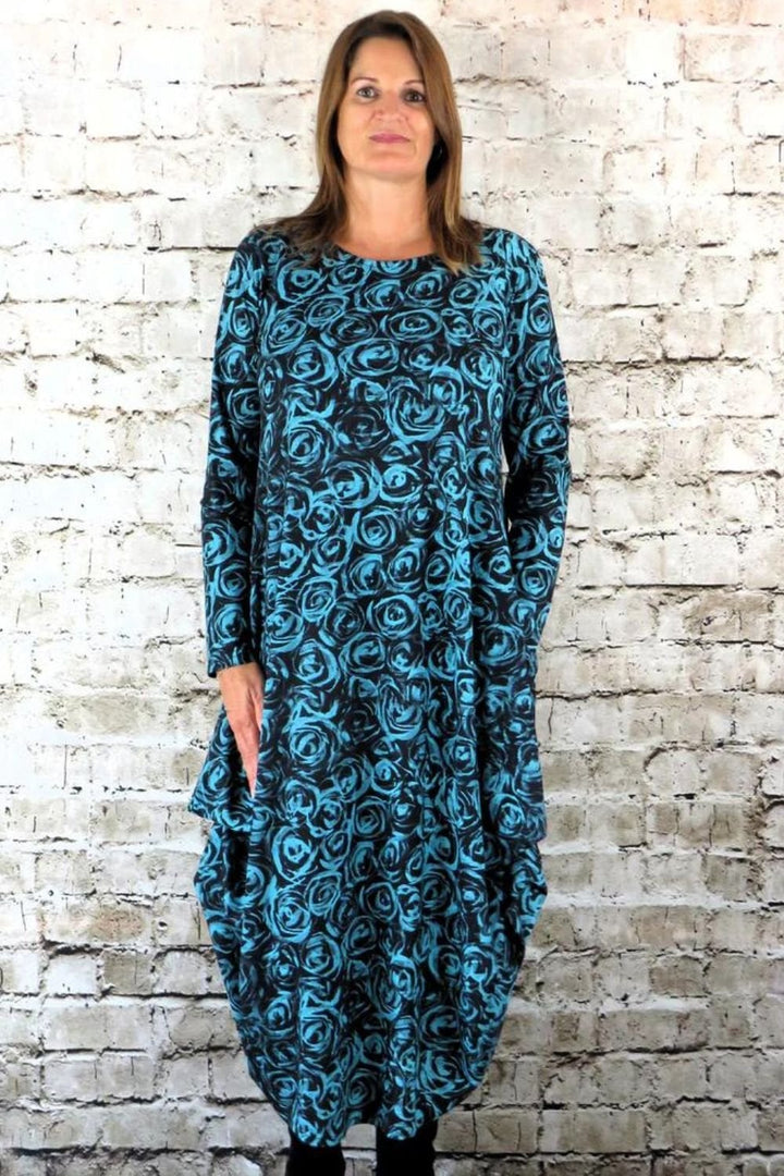 ROSES PRINT HITCH UP DRESS | COL=AQUA