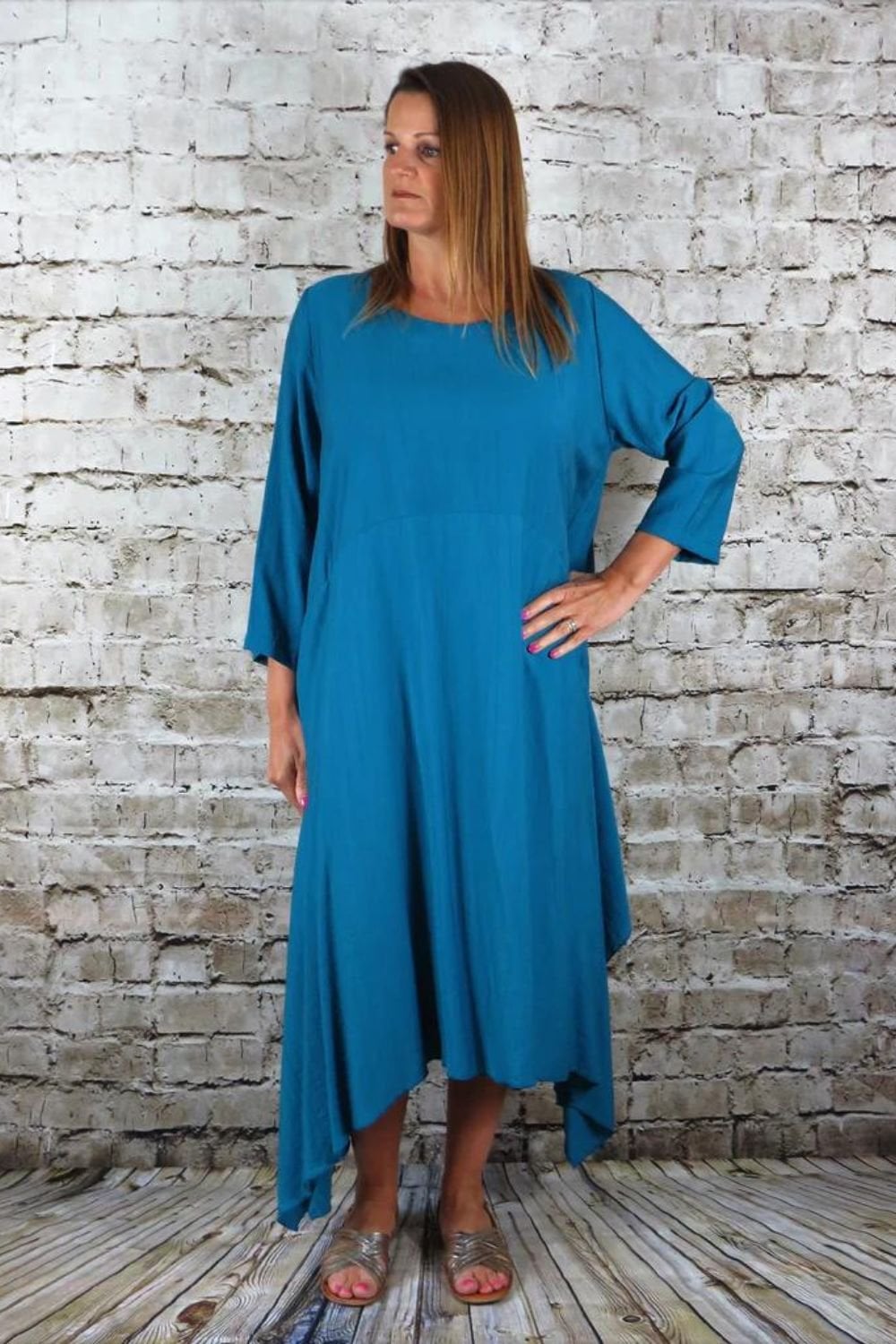 SLEEVED FLARED DRESS | COL=TEAL