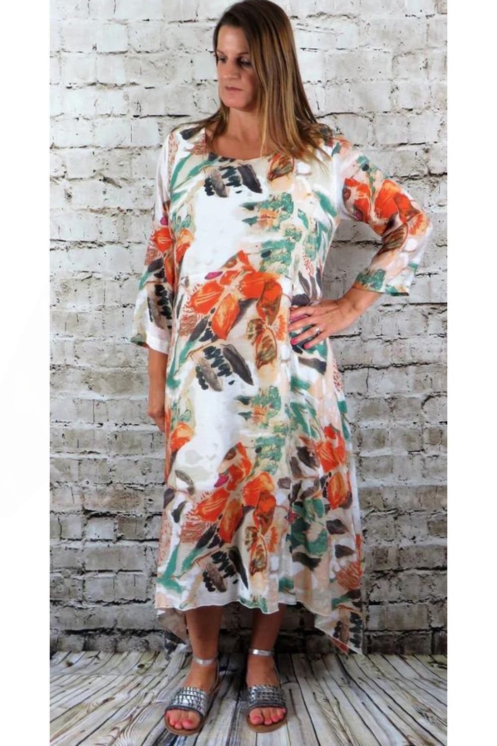 SLEEVED FLARED DRESS | COL=BLUE,ORANGE