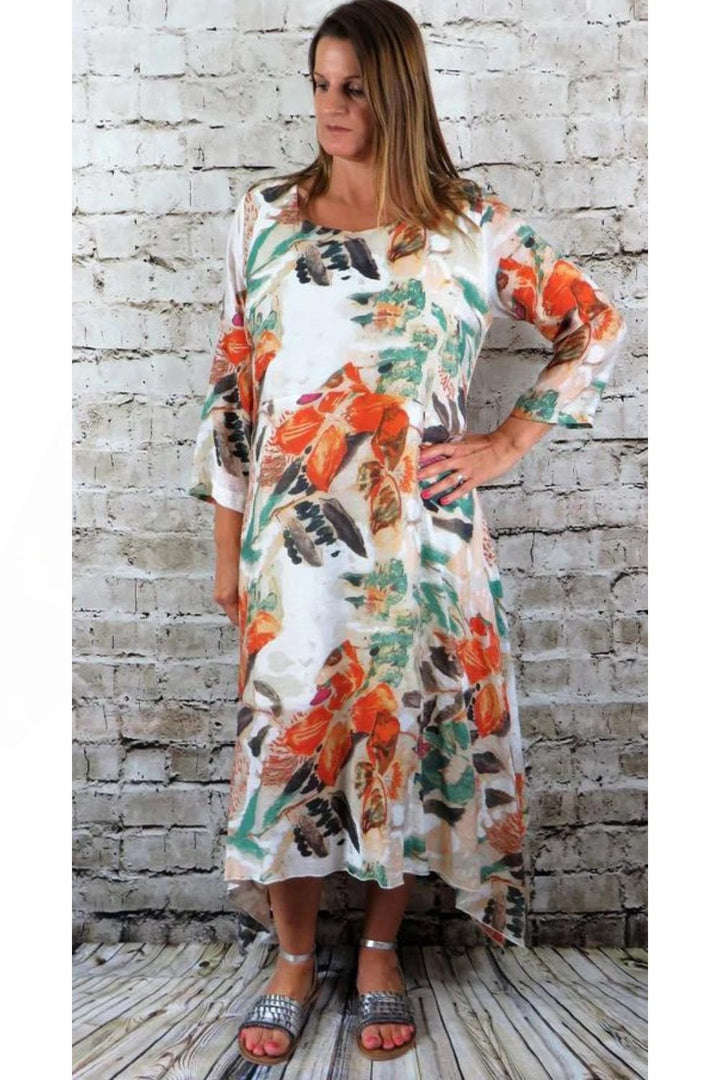 SLEEVED FLARED DRESS | COL=BLUE,ORANGE