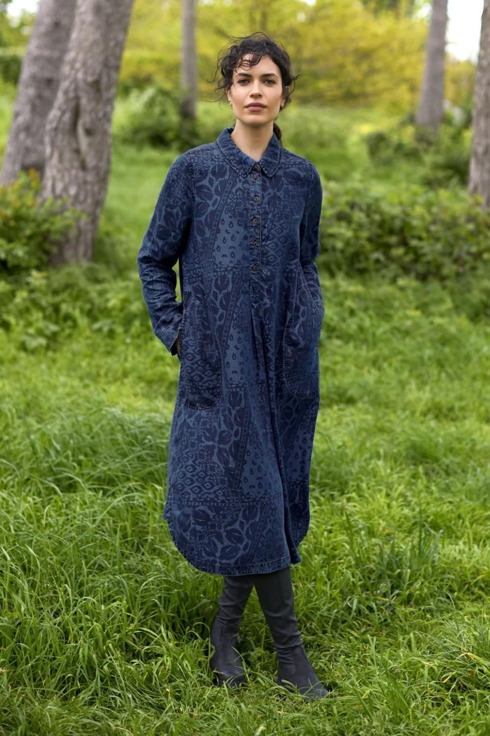 ABSTRACT PATCHWORK PRINT SHIRT DRESS | COL=DENIM