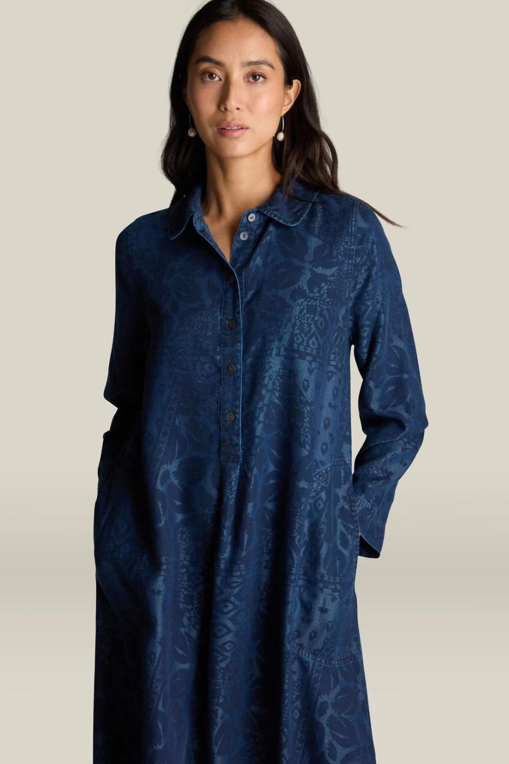 ABSTRACT PATCHWORK PRINT SHIRT DRESS | COL=DENIM