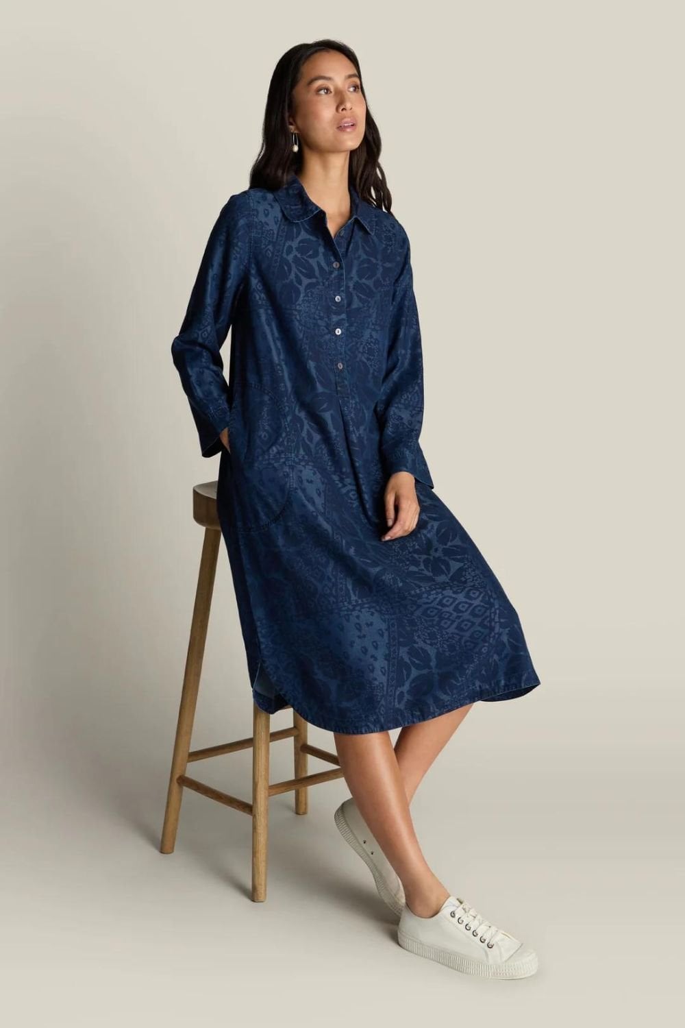 ABSTRACT PATCHWORK PRINT SHIRT DRESS | COL=DENIM