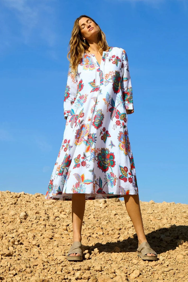 BOTANICAL FLORAL LINEN FLARED DRESS | COL=MULTI