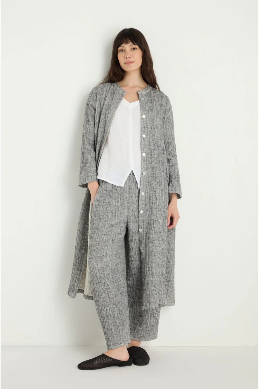 CRINKLE DOUBLE FACED LINEN SHIRT DRESS | COL=BLACK/WHITE