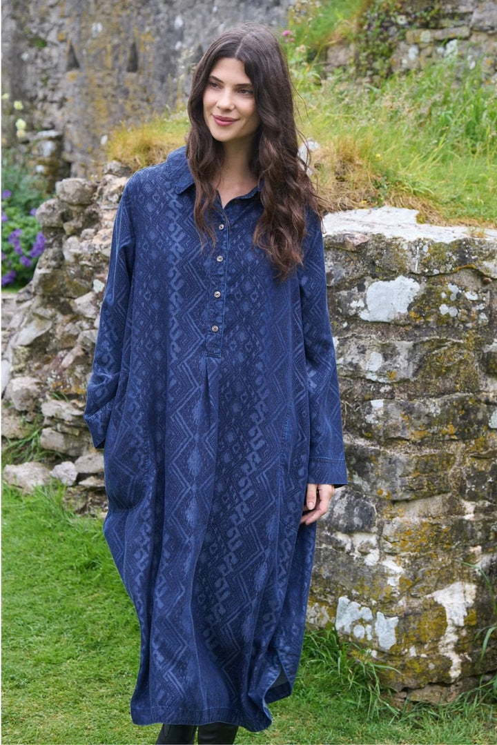 DIAMOND PATCH WORK PRINT DRESS | COL=DENIM