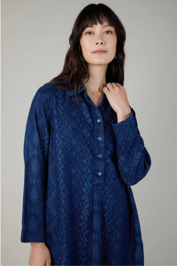 DIAMOND PATCH WORK PRINT DRESS | COL=DENIM