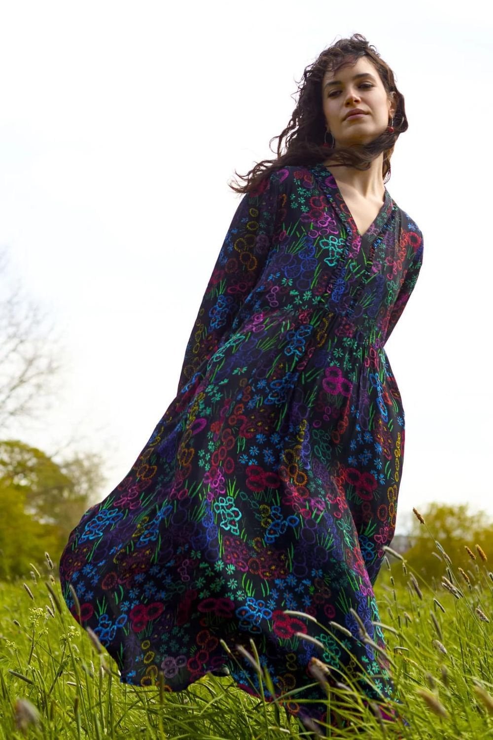 EMBROIDERED FLORAL PRINT DRESS | COL=BLACK