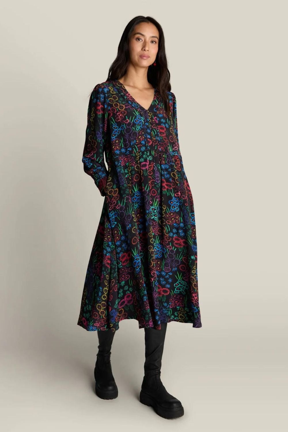 EMBROIDERED FLORAL PRINT DRESS | COL=BLACK