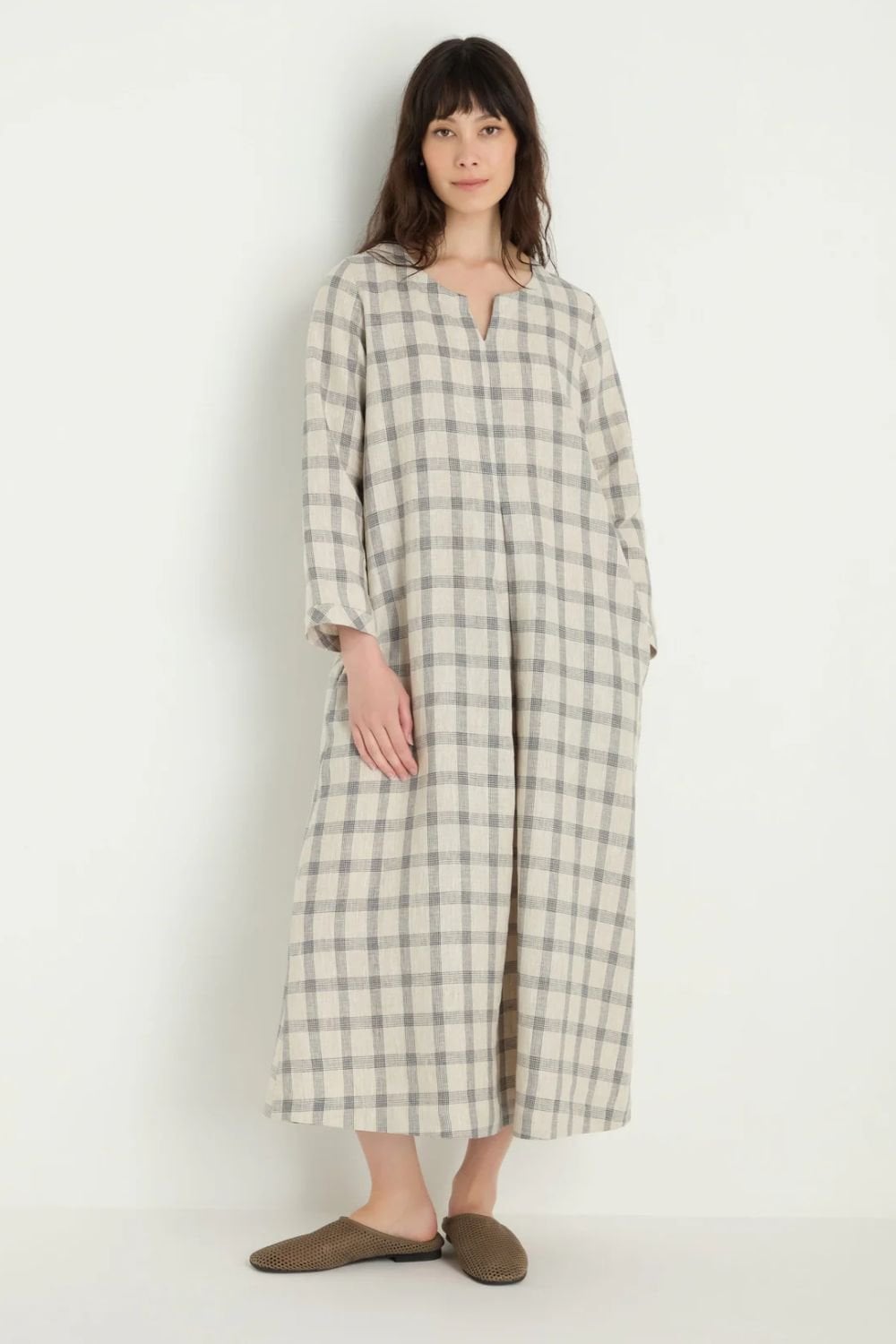 MULTI LINES GRID LINEN DRESS | COL=ECRU