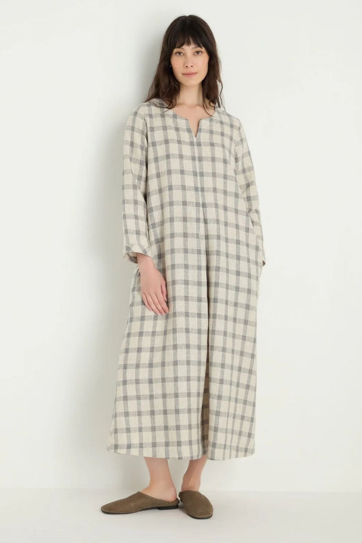 MULTI LINES GRID LINEN DRESS | COL=ECRU