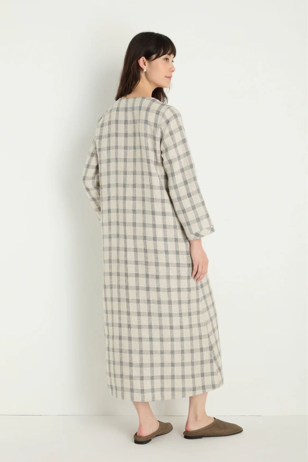 MULTI LINES GRID LINEN DRESS | COL=ECRU