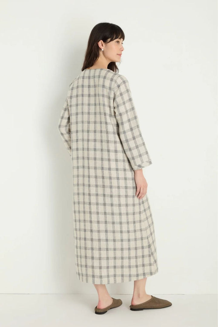 MULTI LINES GRID LINEN DRESS | COL=ECRU