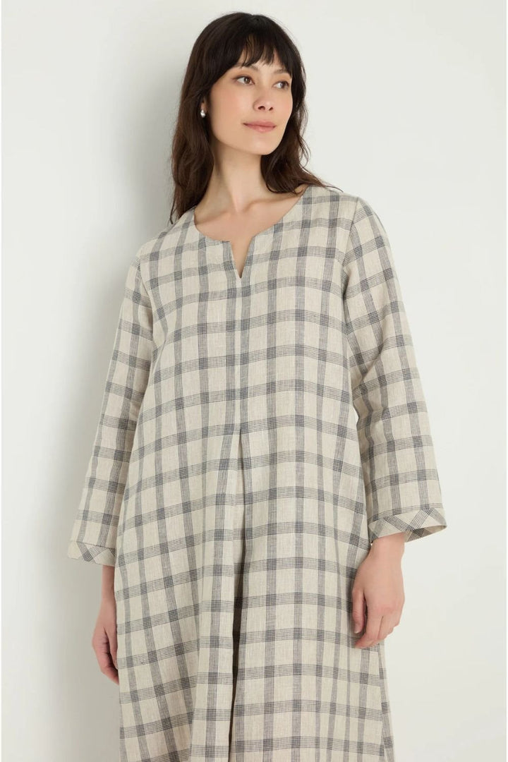 MULTI LINES GRID LINEN DRESS | COL=ECRU
