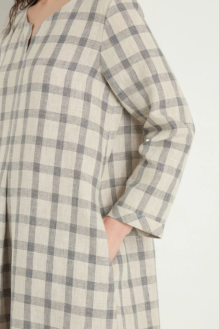 MULTI LINES GRID LINEN DRESS | COL=ECRU