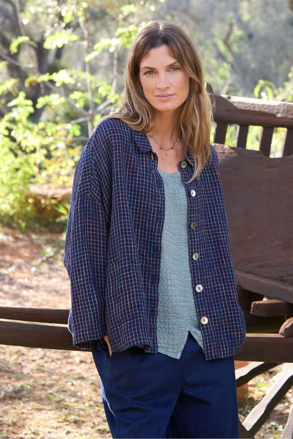 LINEN NAVY SPACE DYE CHECK BOXY JACKET | COL=NIGHT