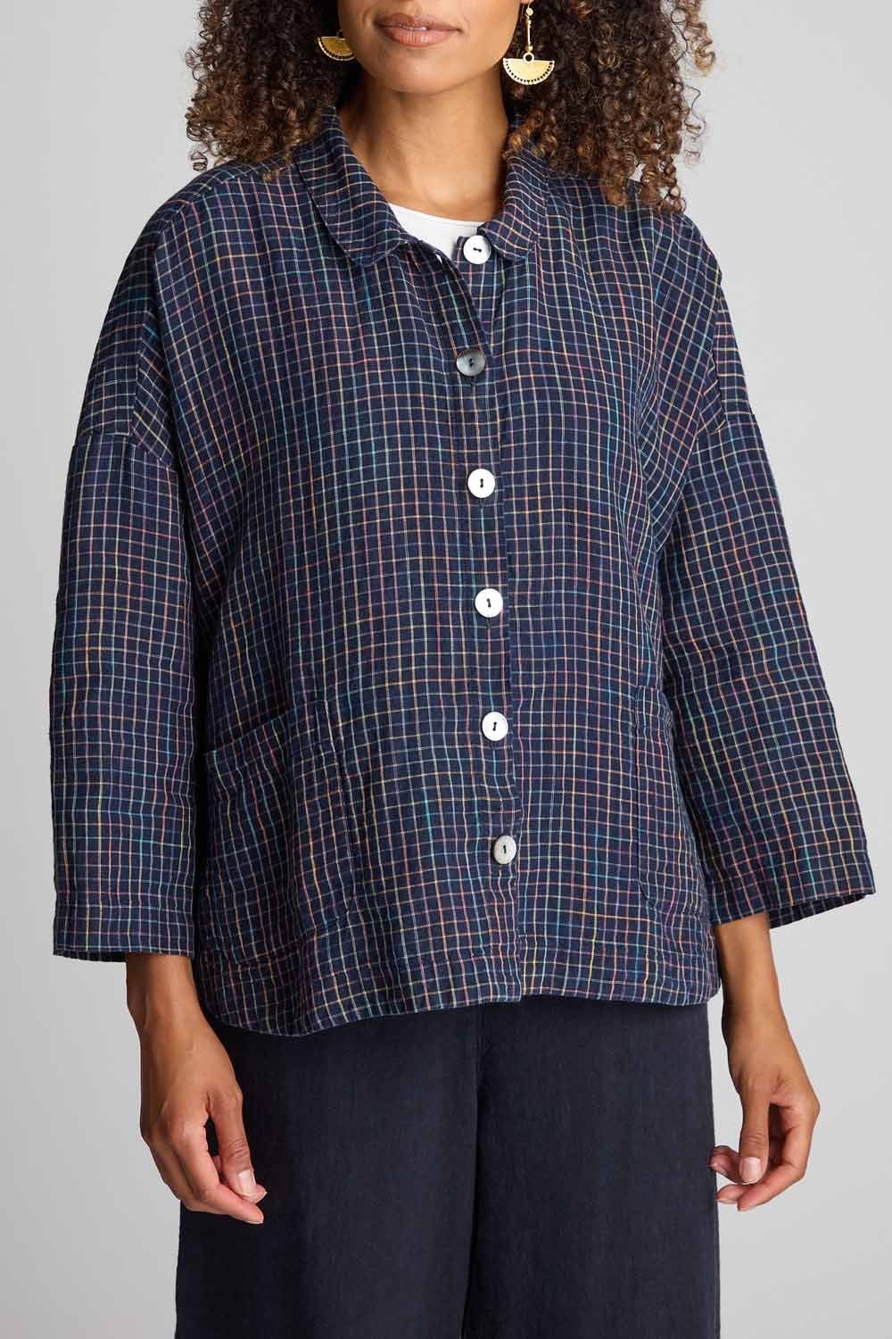 LINEN NAVY SPACE DYE CHECK BOXY JACKET | COL=NIGHT
