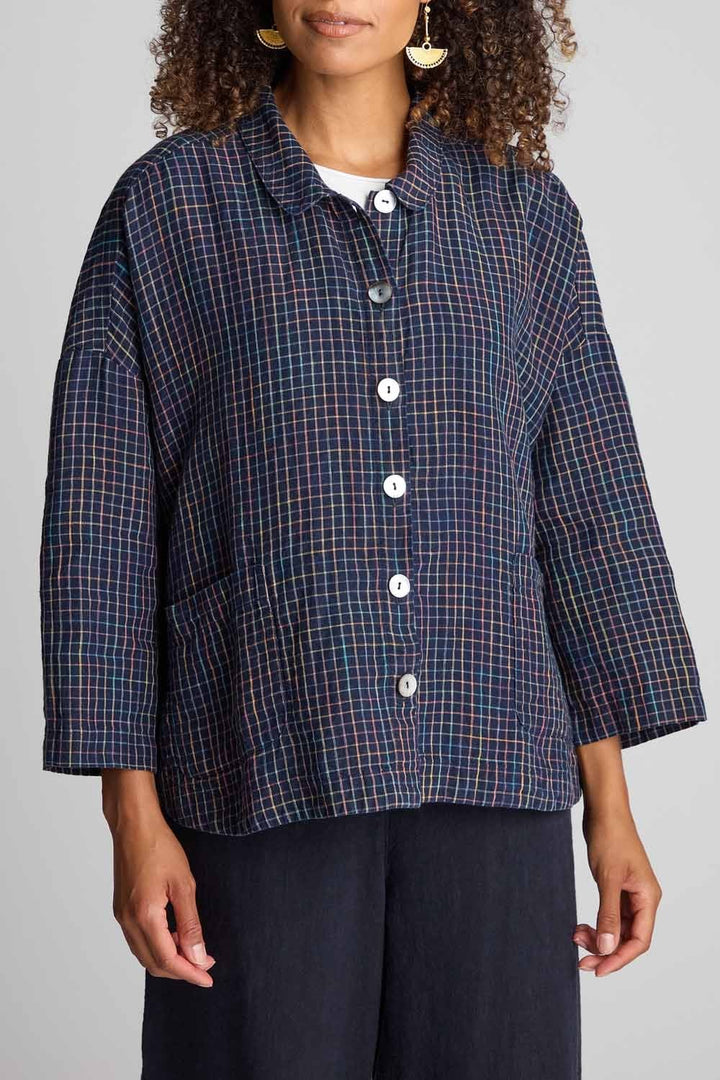LINEN NAVY SPACE DYE CHECK BOXY JACKET | COL=NIGHT