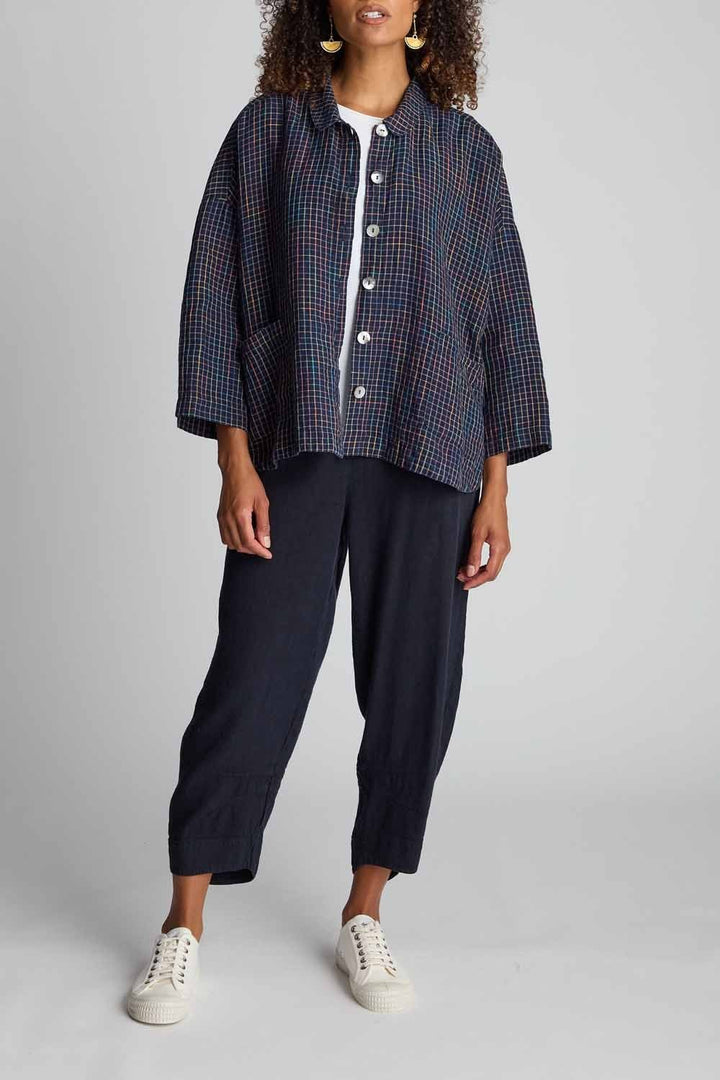 LINEN NAVY SPACE DYE CHECK BOXY JACKET | COL=NIGHT