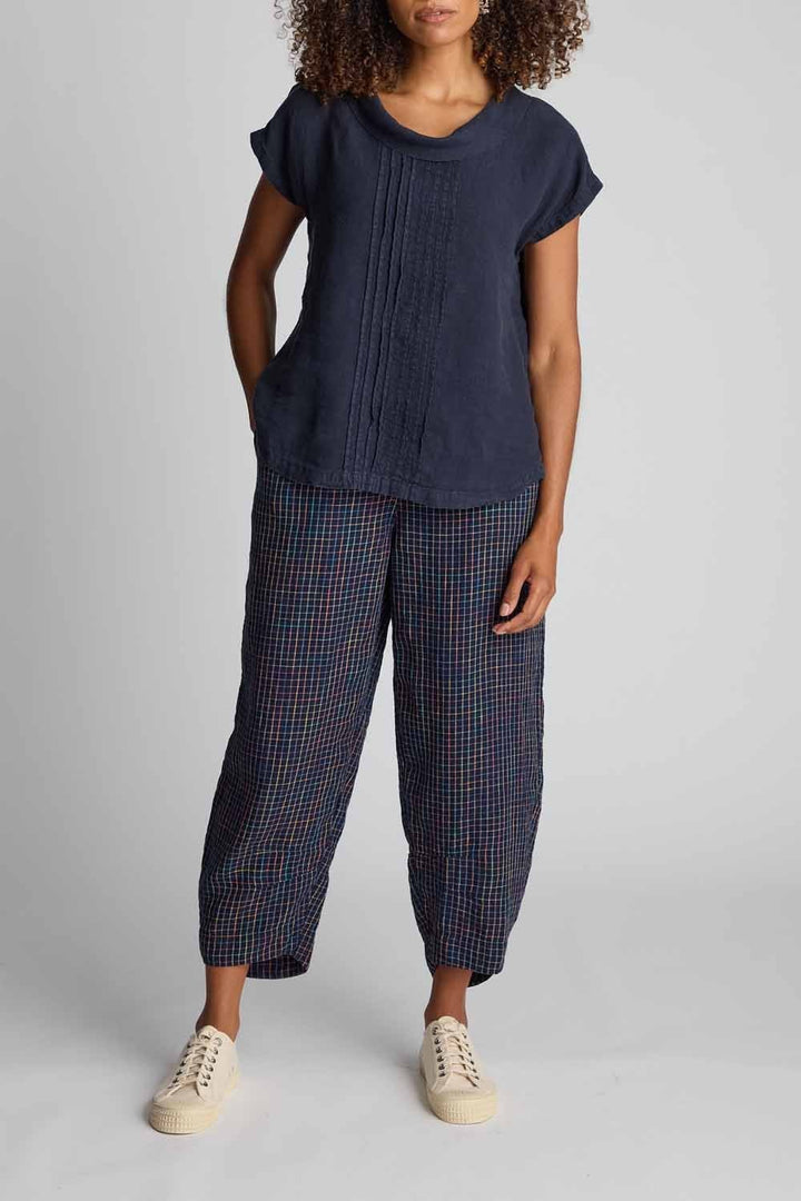 LINEN NAVY SPACE DYE CHECK BUBBLE TROUSER | COL=NIGHT