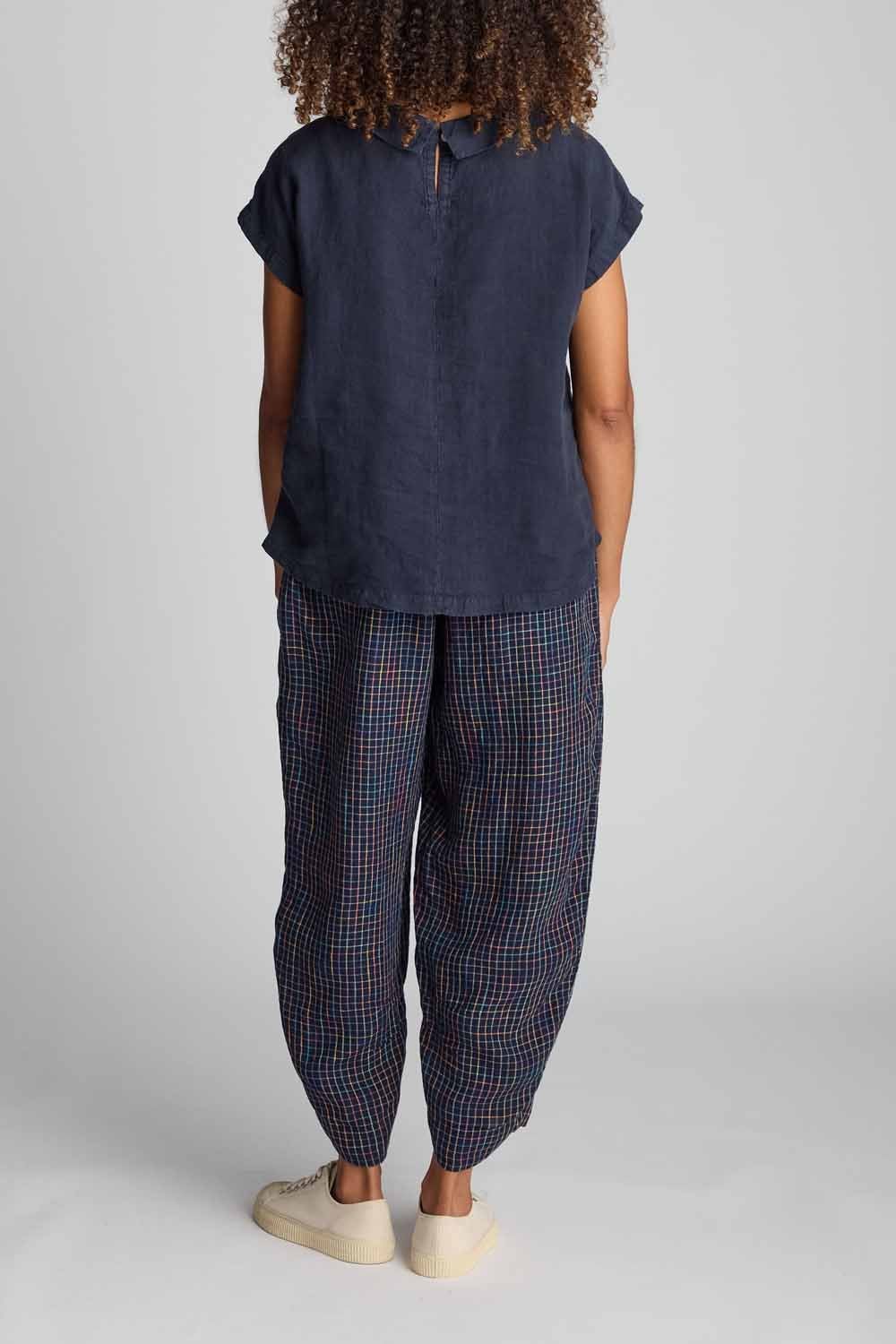 LINEN NAVY SPACE DYE CHECK BUBBLE TROUSER | COL=NIGHT