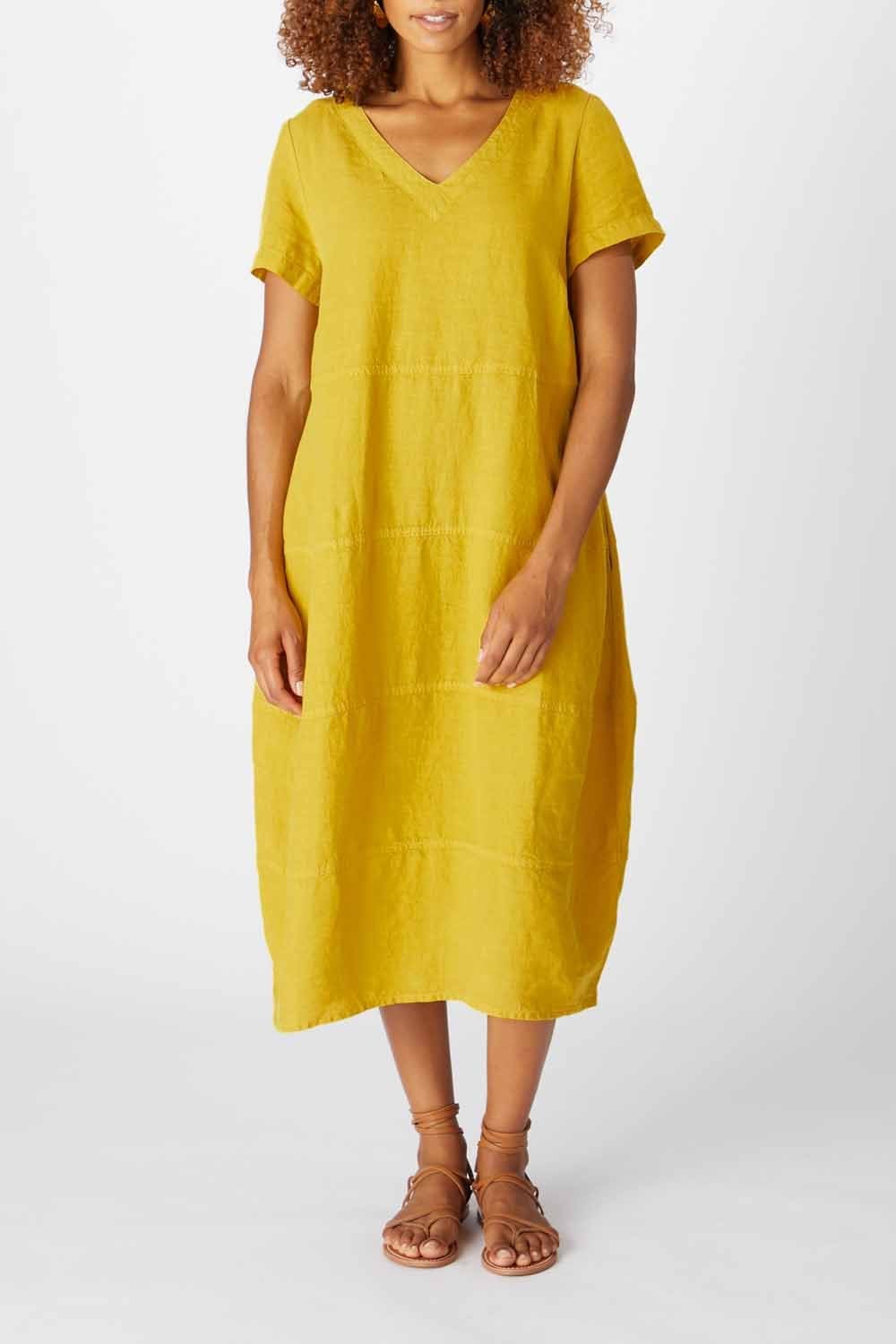 LINEN PANELLED BUBBLE DRESS | COL=SAFFRON