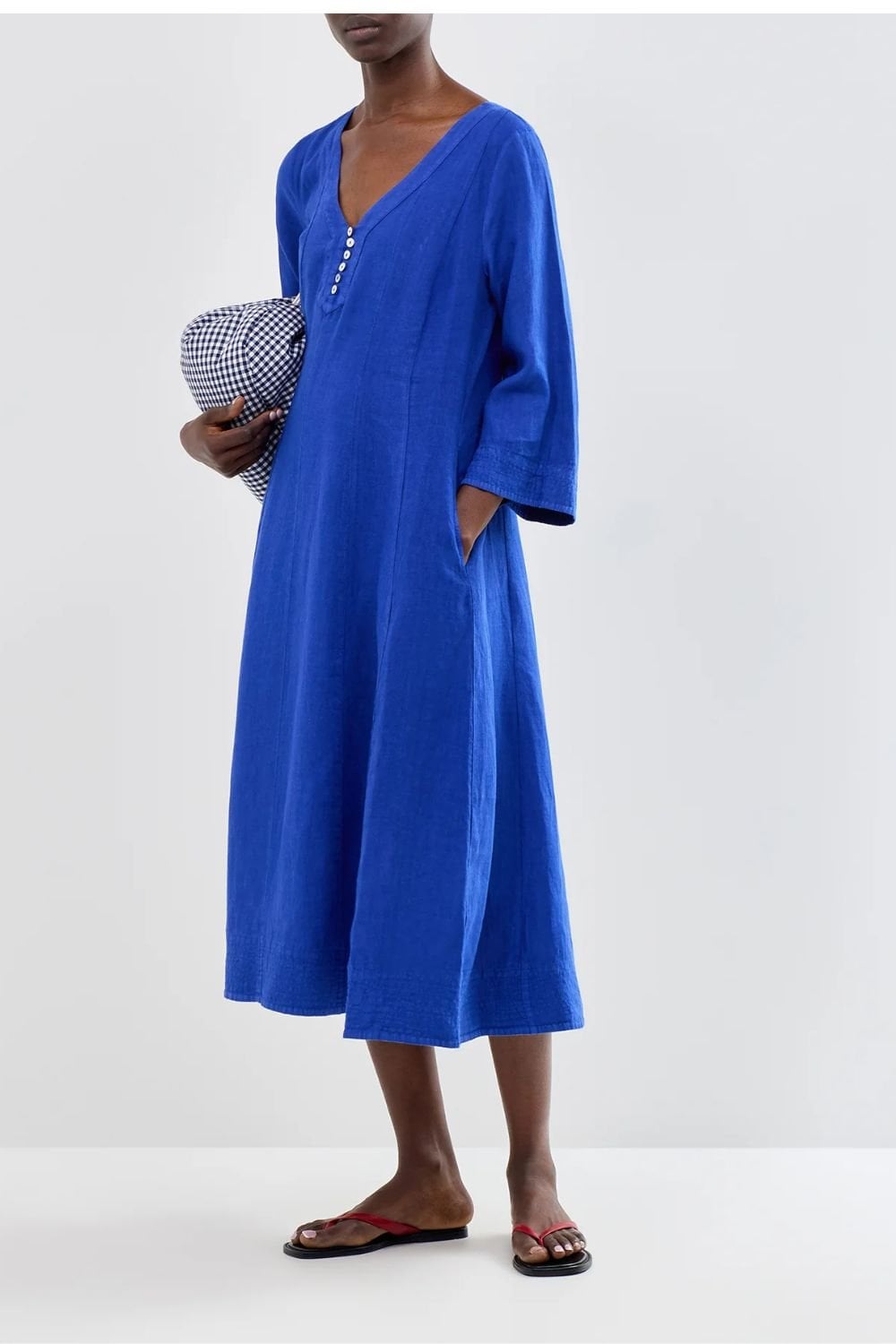 LINEN SEAM  FLARED DRESS | COL=CERULEAN