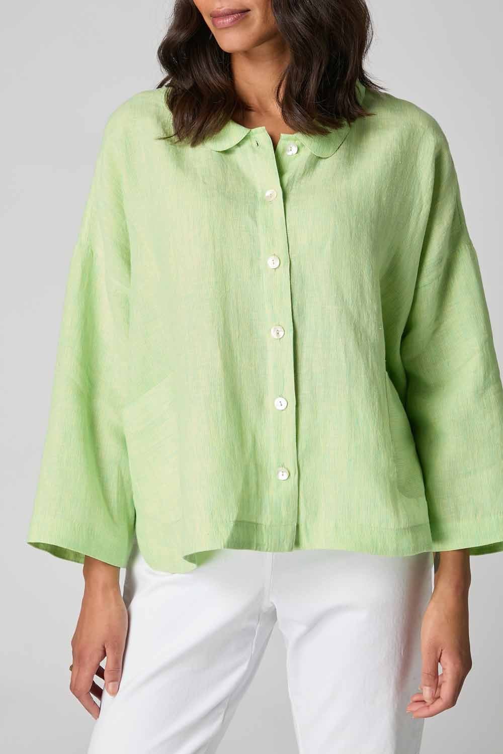 LINEN TICKING STRIPE BOXY JACKET | COL=AQUA