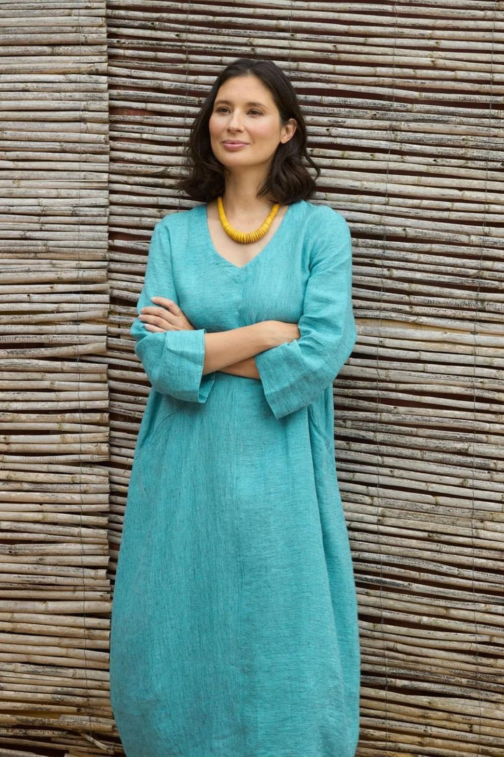 LINEN TICKING STRIPE DRESS | COL=TEAL